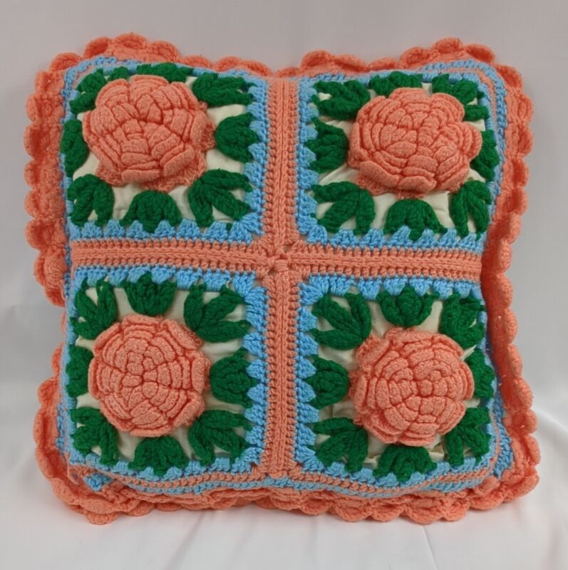 Vintage Handmade Crochet Granny Square Pillow W/ 3d Peach Roses 15×15 Rare Euc 