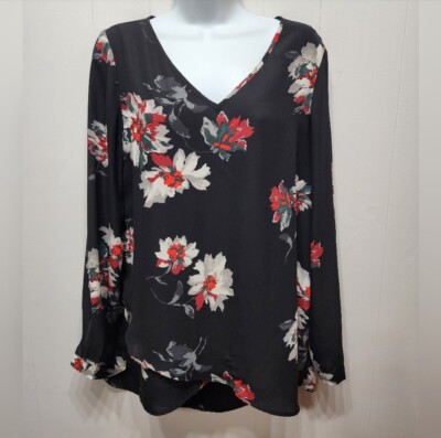 Chelsea & Theodore Tunic Blouse Women's Medium Black Floral Long Sleeve B430
