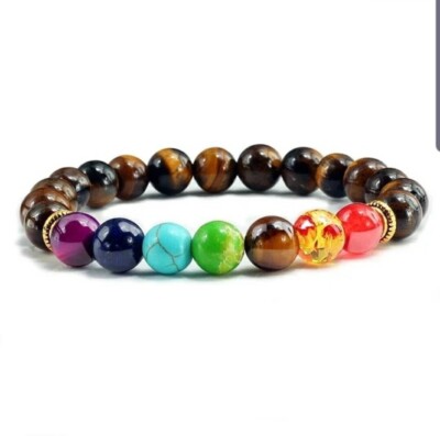 Handmade Natural Tiger Stone 7 Chakra Bracelet 8mm