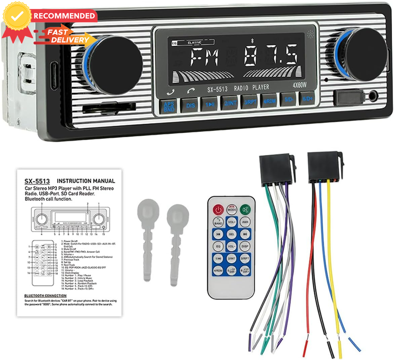 Bluetooth Car Stereo 1 DIN FM MP3 Player USB SD AUX 12V 24V Remote Hands-Free