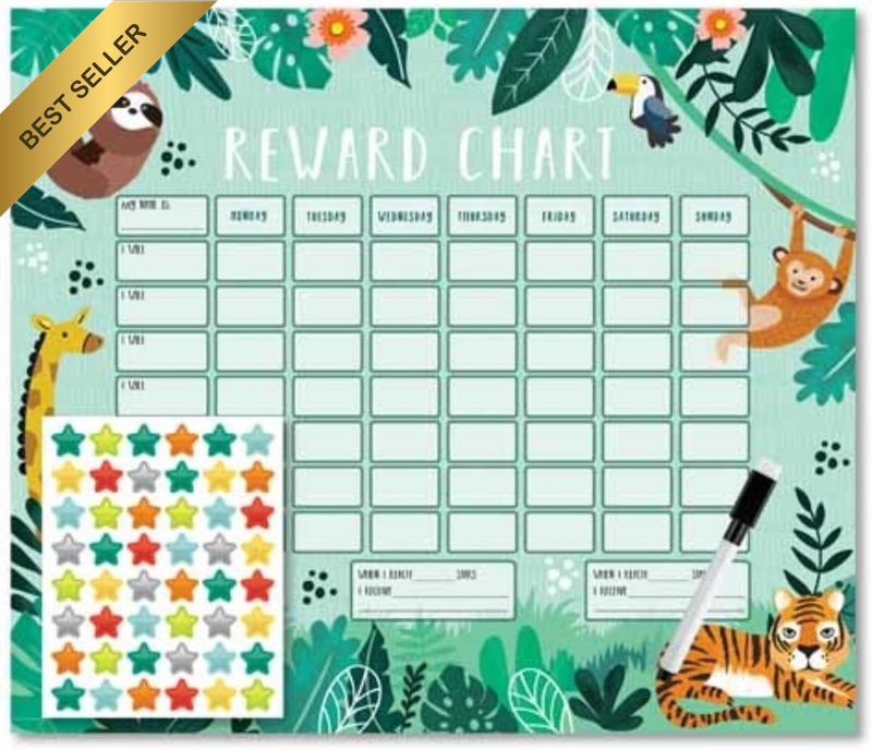 Jungle Friends Kids Reward Chart, Wipe Clean Monthly Planner with Star Stickers,