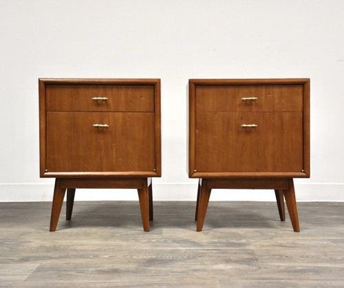 Pair European Walnut Nightstands Mid Century Modern