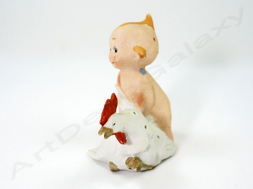 VERY RARE Antique Bisque Kewpie with Rooster/Chicken Hat Pin Holder