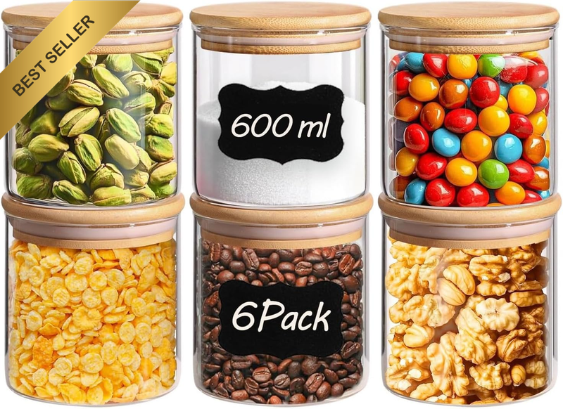 Airtight Glass Food Storage Jars Set of 6, 600Ml Clear Glass Food Storage Contai