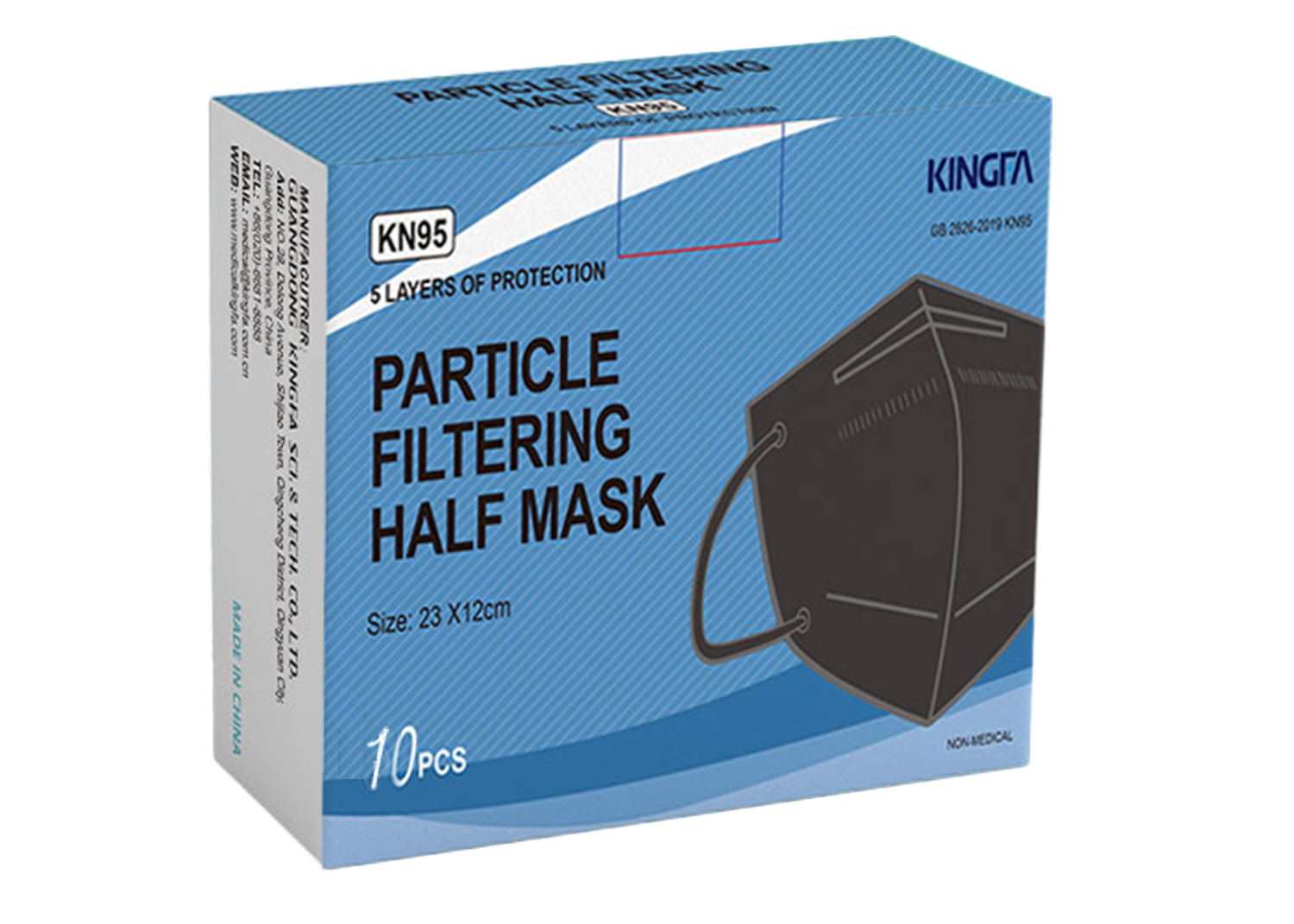 Kingfa KN95 Black Face Mask 10 Pcs Disposable Respirator 5-Ply Layer GB2626-2019