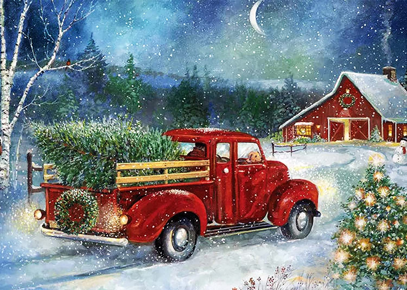 Christmas Diamond Painting Kits,Winter Diamond Art Kit for Adults, Red Truck 5D