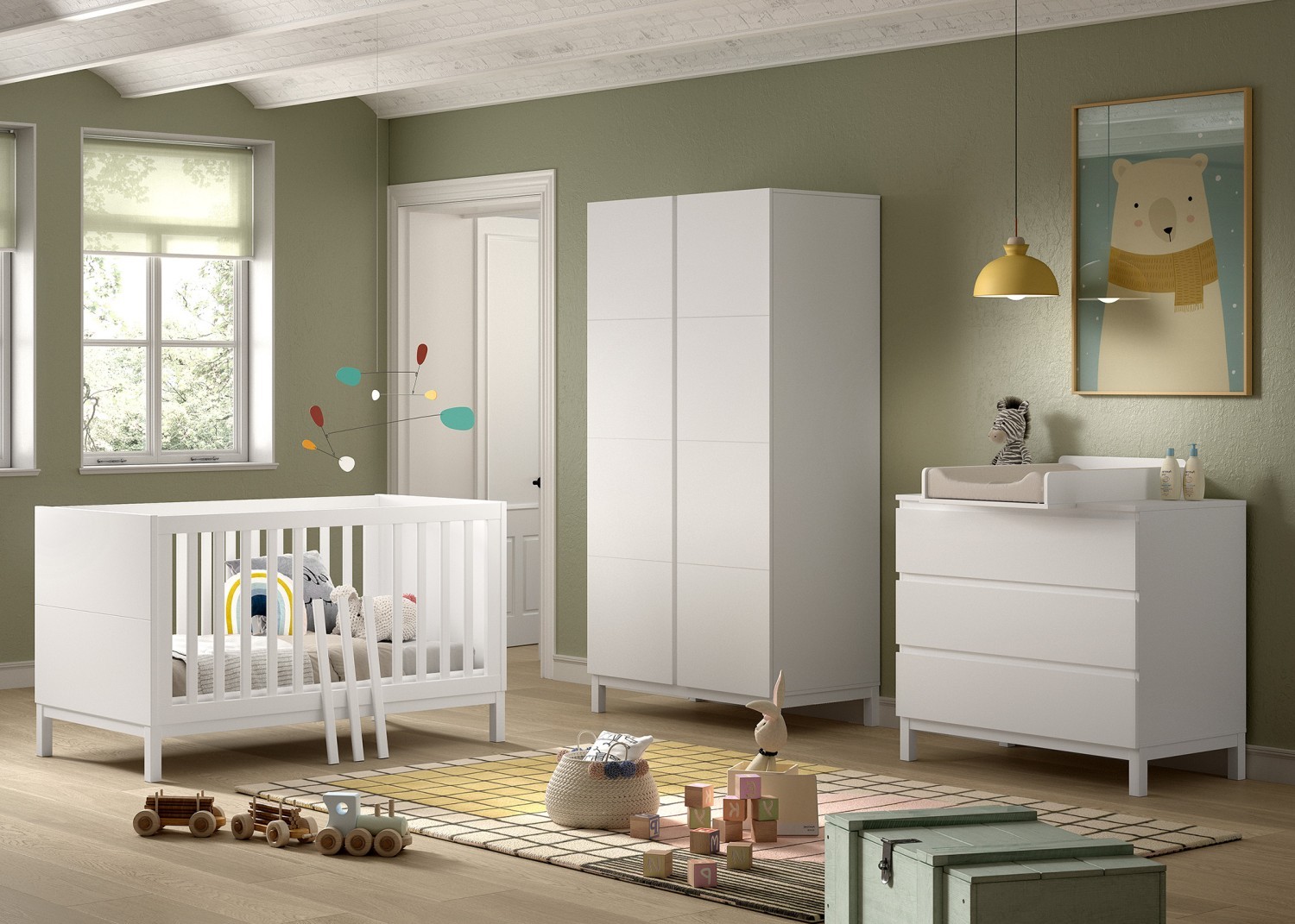 Set Kinderbett Juniorbett 70x140 Wickelkommode Schrank 2T Baby-Kinderzimmer Wei