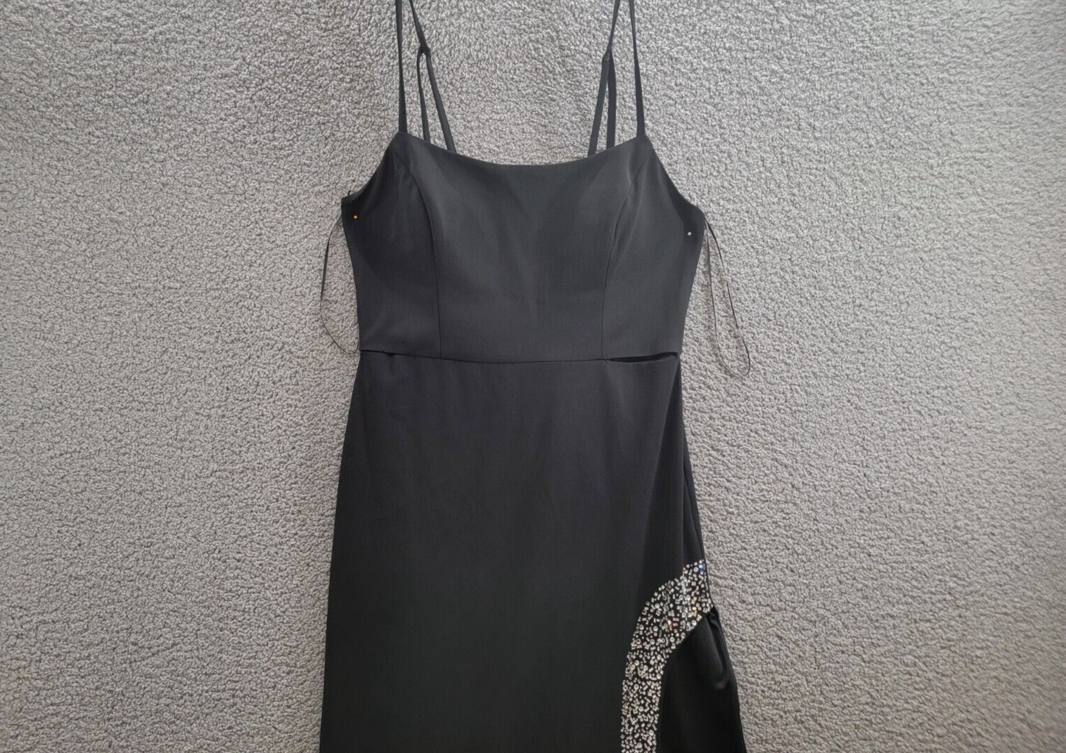 Nightway Rhinestone-Trim Strappy-Back Gown Women 14 Black Straight Neck Back Zip - Picture 3 of 15