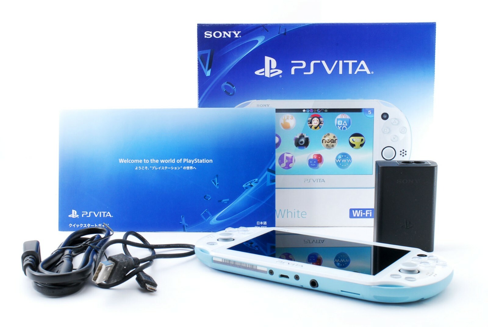 Sony PS Vita Light Blue White PCH-2000 Slim w/ Charger + Box
