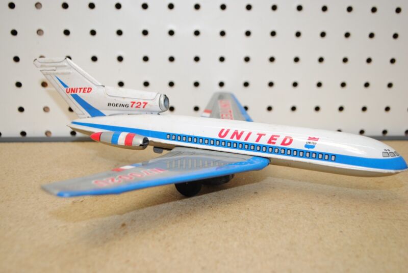 Marusyo United Airlines N7002U Boeing 727 - Tin Friction Airplane - Made Japan