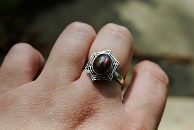 Genuine Purple Labradorite & Sterling Silver Spider Web Ring