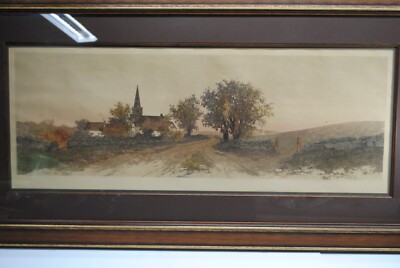 LARGE ANTIQUE COLOR ETCHING BY ERNEST C. ROST ''THE OLD MEETING HOUSE''