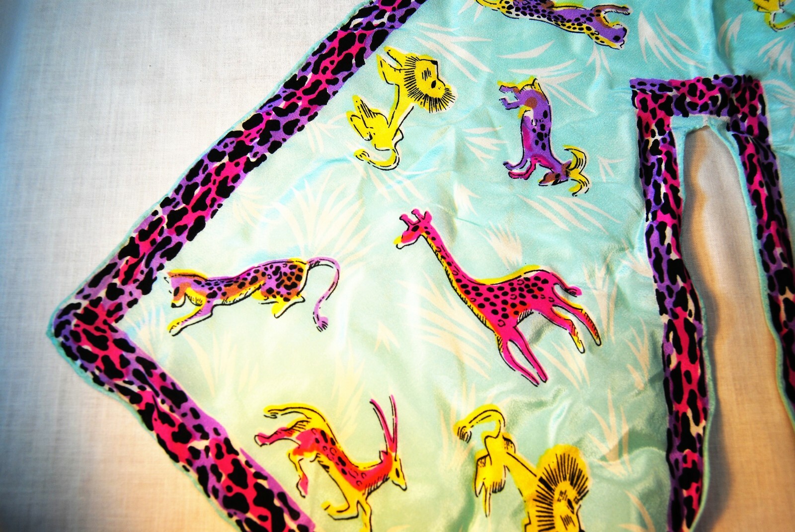 VTG Wingtip Silk Scarf Top Hit Baar & Beards Jungle Animals Aqua Pink Black