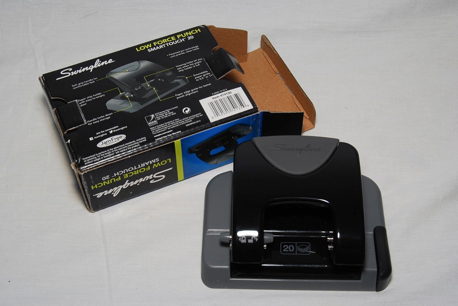 Swingline Low Force Hole Punch SmartTouch 20 Page Jam Free 50% Less Effort