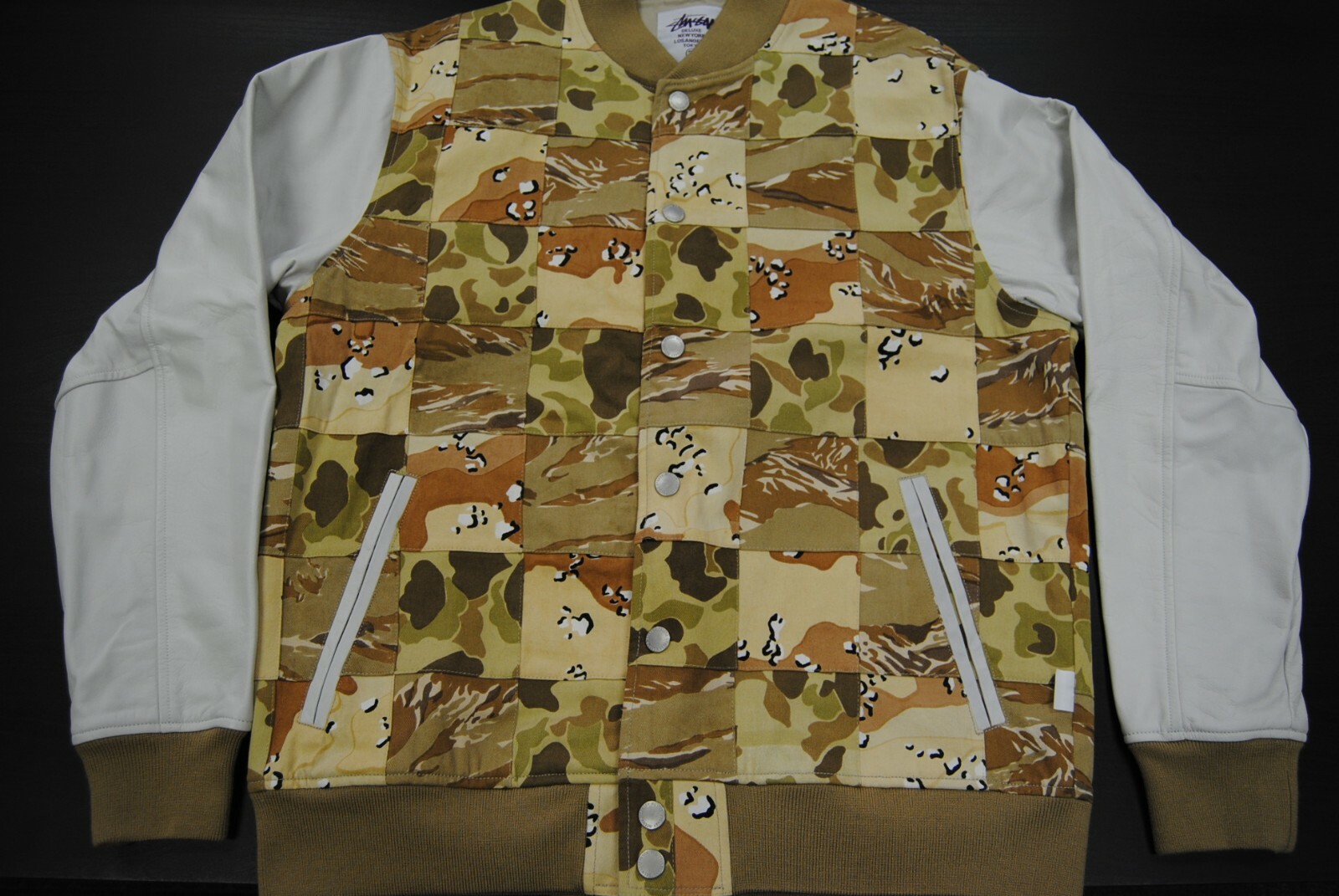 NEW MEN'S STUSSY DELUXE CAMO PATCH VARSITY JACKET TAN KHAKI