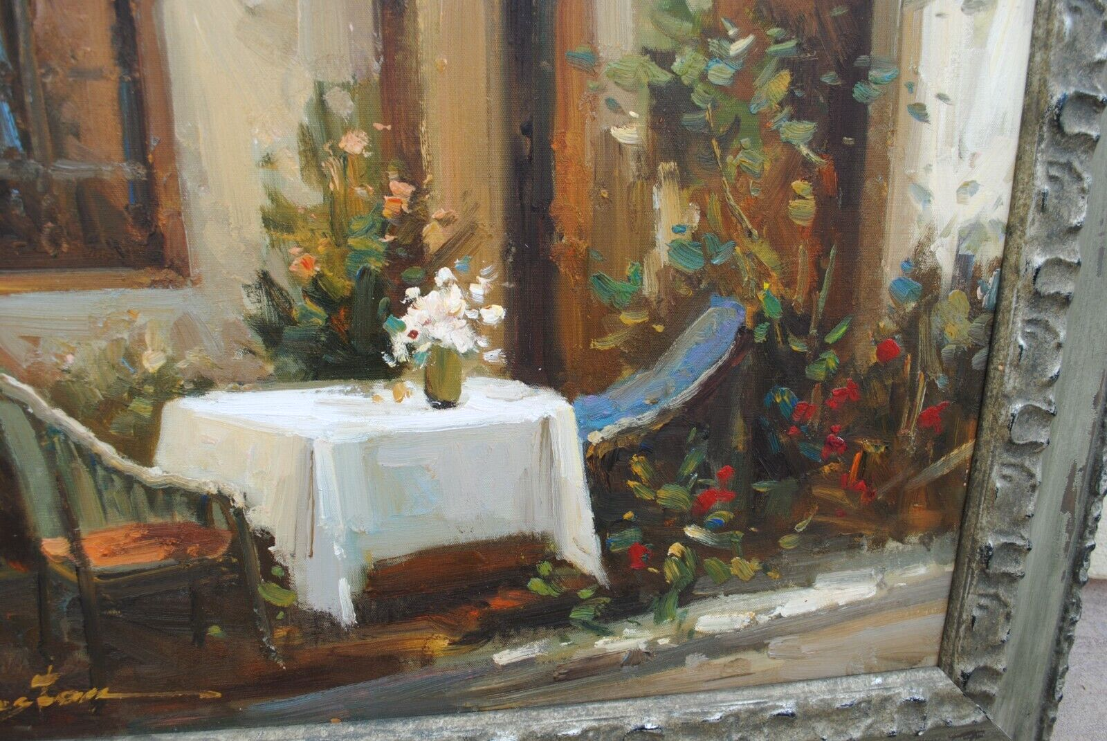 Contemporary impressionist painting of a patio table scene nicely framed signed