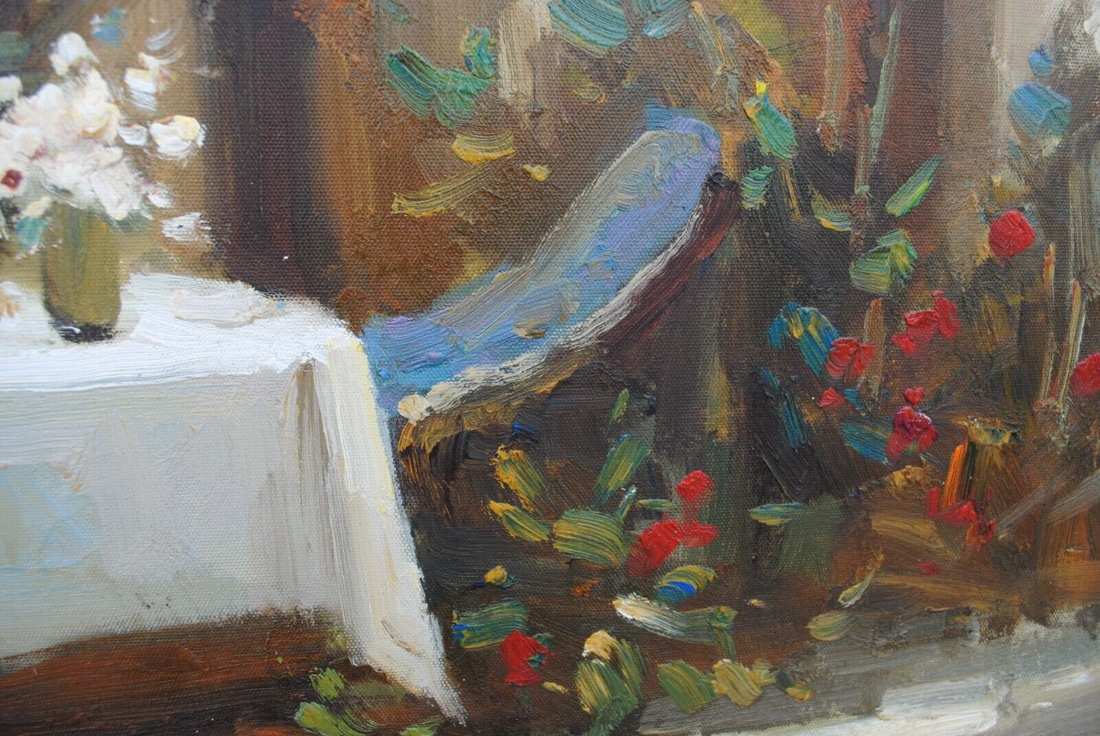 Contemporary impressionist painting of a patio table scene nicely framed signed