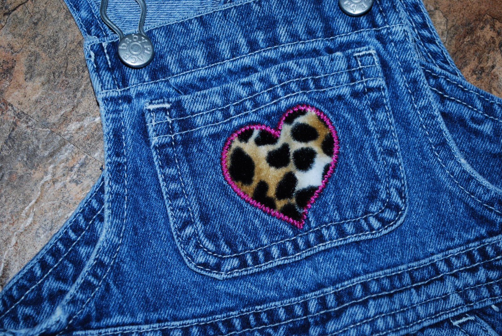 The Children's Place Denim Overalls Heart Cheetah Print Sz 12 Months