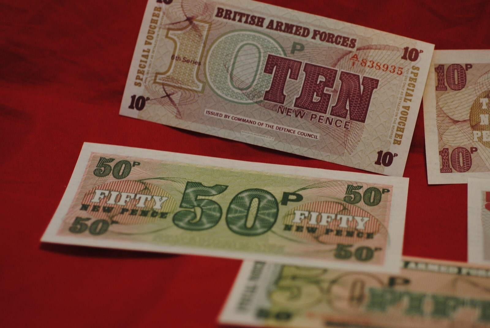 Lot of 5 British Military Certs. 6th Series. Crisp Unc. (2) 50P, (2) 10P and (1)