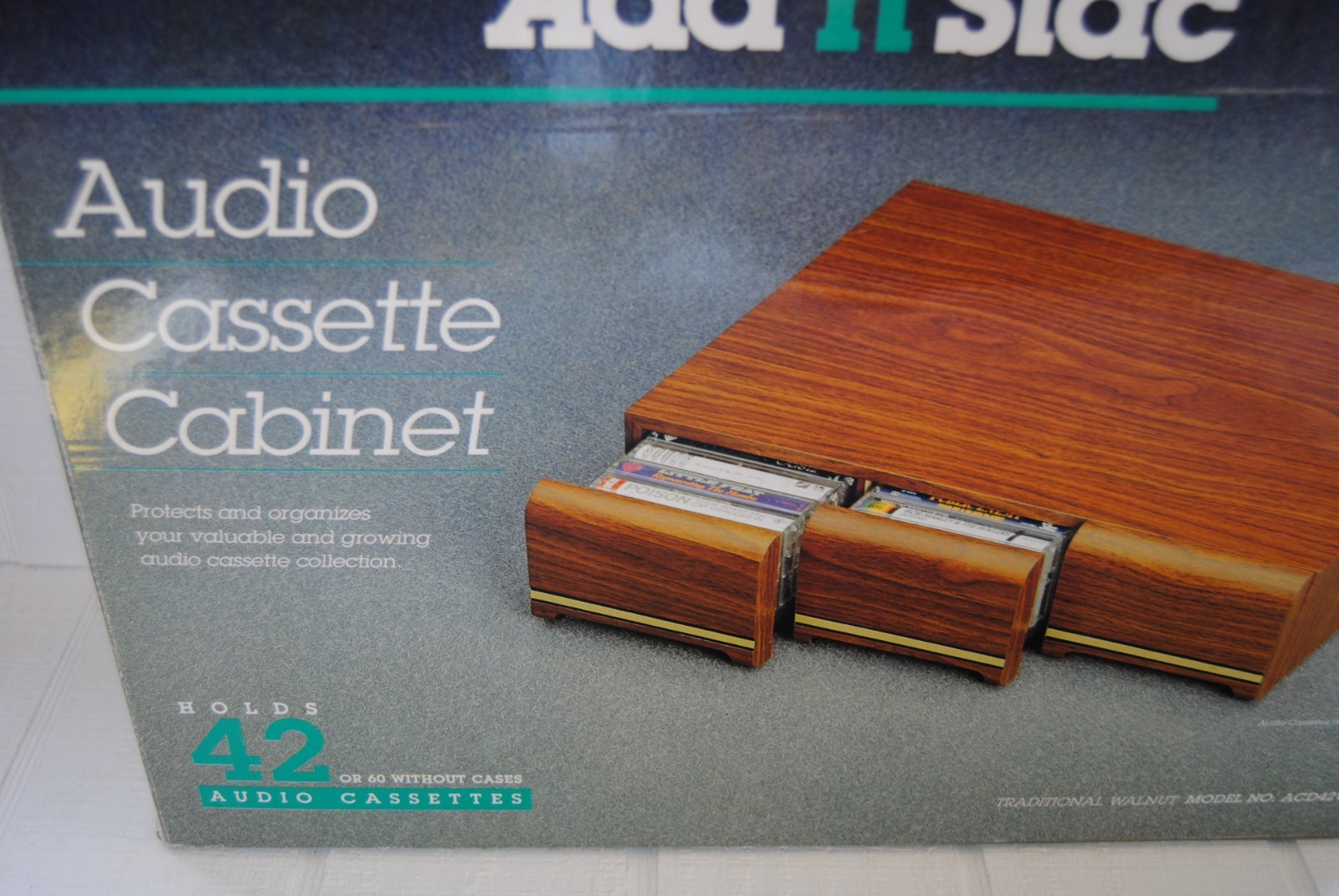 ADD N STAC Cassette Tape Holder in Box Vintage Wood Grain Holds 42 Tapes