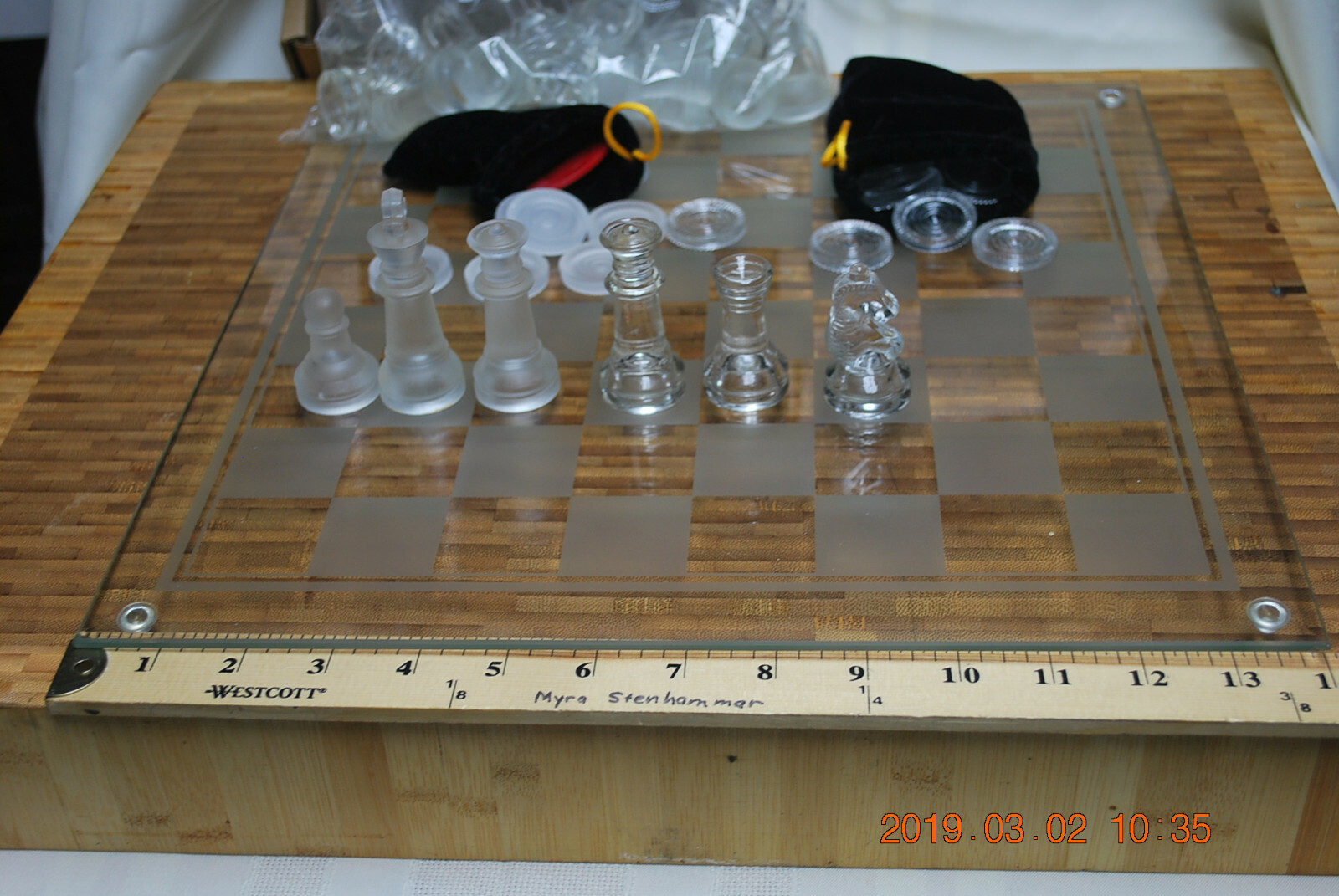 Crystal Chess Set Large 14 inch Board with Complete Chess & Checkers Pieces