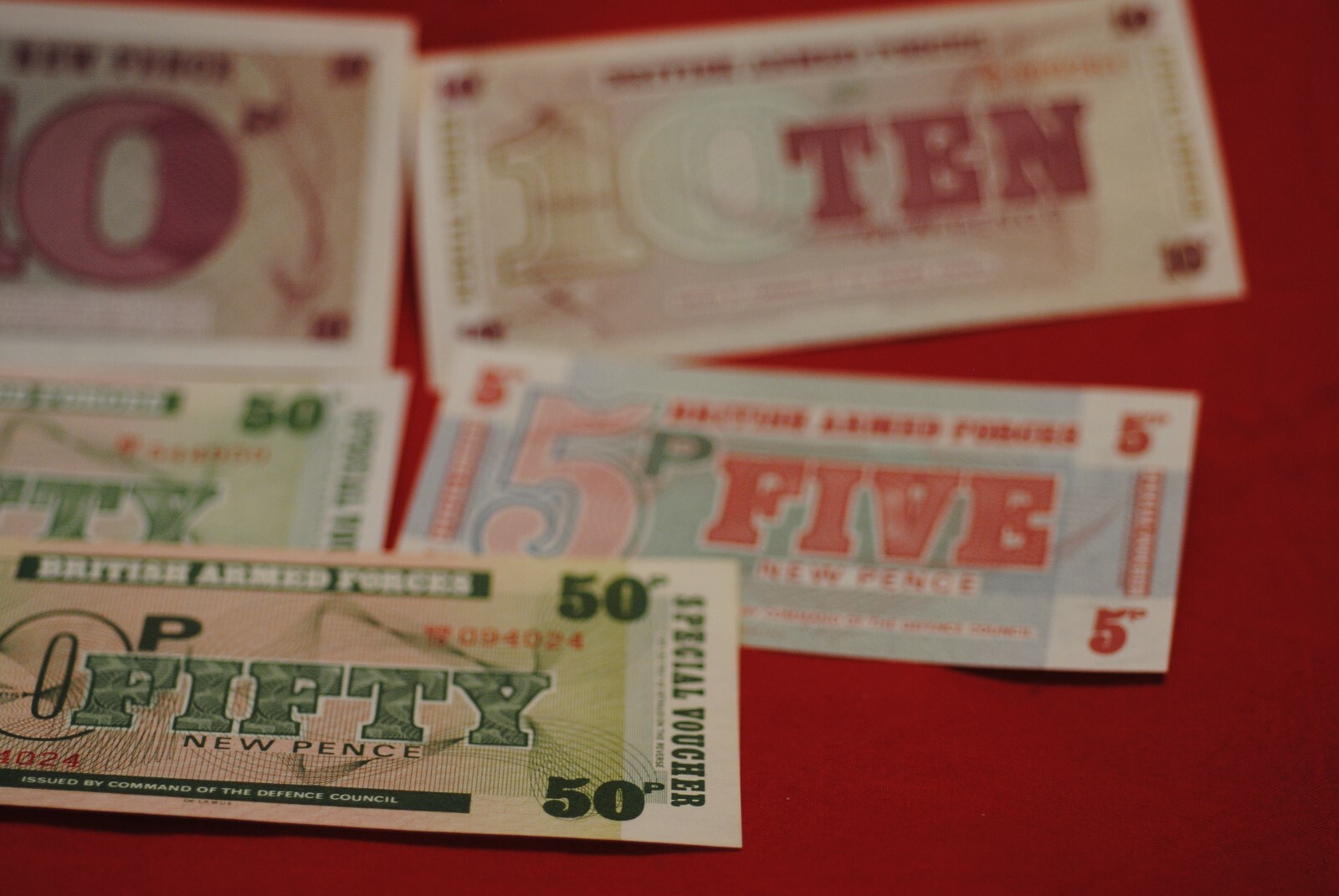 Lot of 5 British Military Certs. 6th Series. Crisp Unc. (2) 50P, (2) 10P and (1)