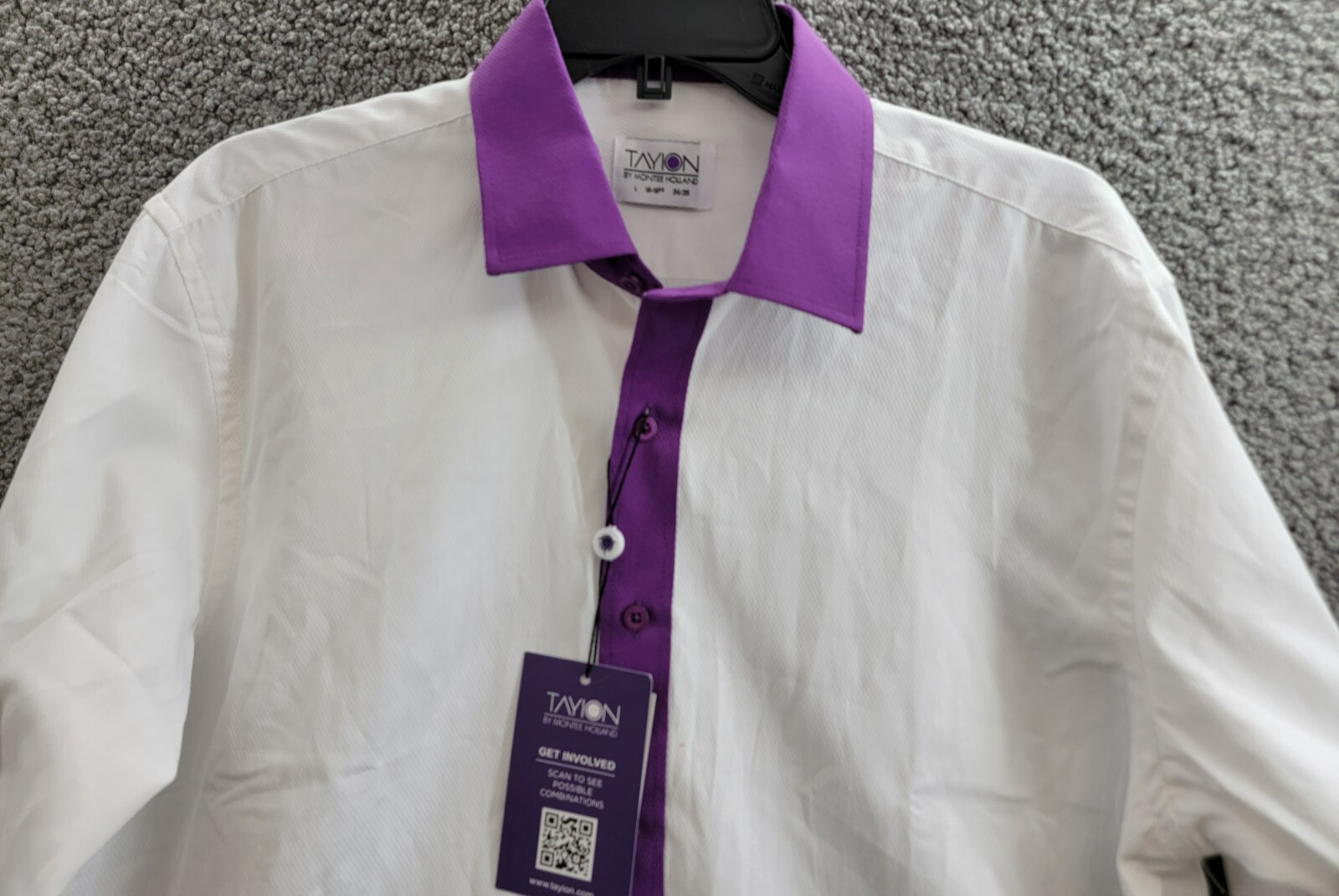Tayion Collection Slim-Fit Purple Trim Dress Shirt Men's L 16-16.5 34-35 White - Picture 3 of 19