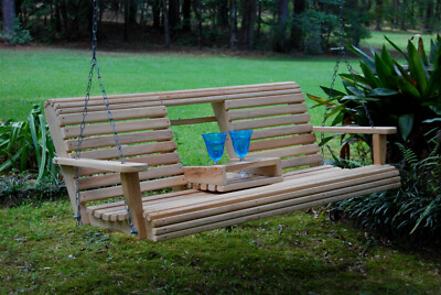 5ft Cypress Wood Console Cup Roll Porch Swing With Hanging Hardware Made In USA