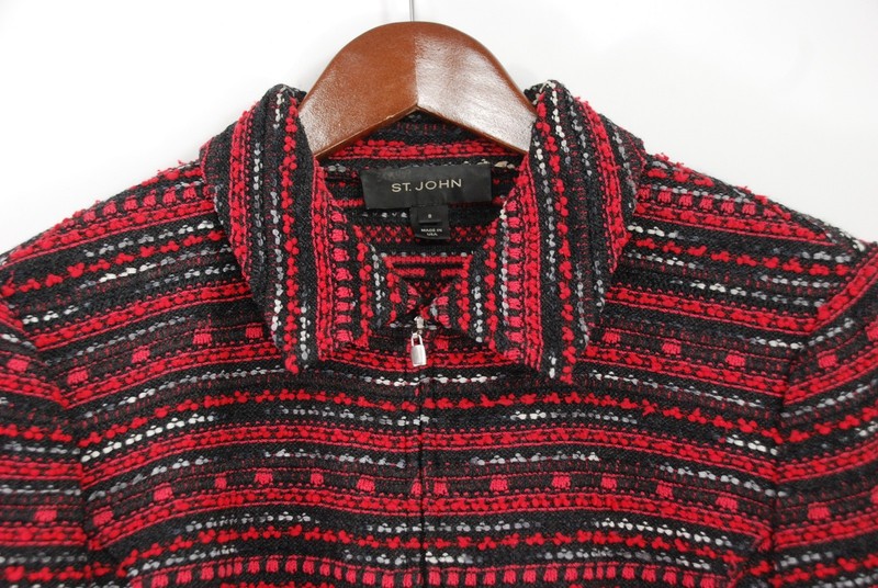 St. John Boucle Knit Pointed Collar Zip Jacket Coat Red Black Gray