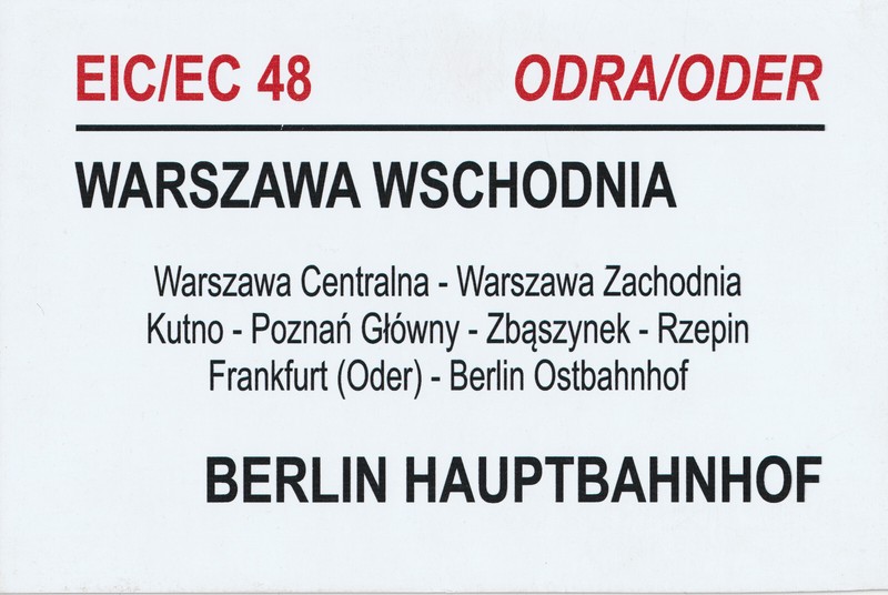 Zuglaufschild Eic 48 Odra Warszawa - Berlin / Ec 49 Oder Berlin - Warszawa