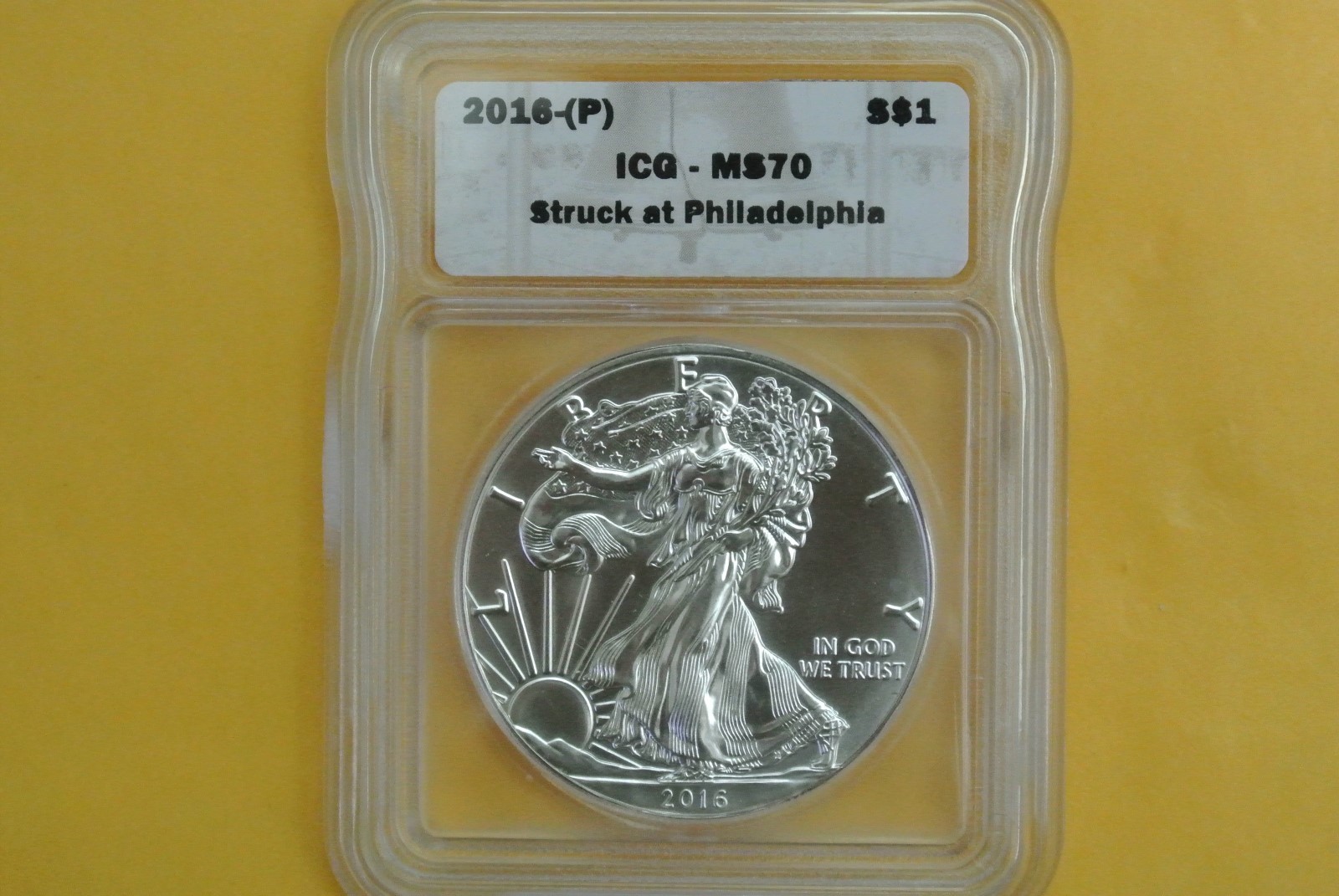 2016 (P) SILVER EAGLE ICG MS70 'STRUCK AT PHILADELPHIA MINT