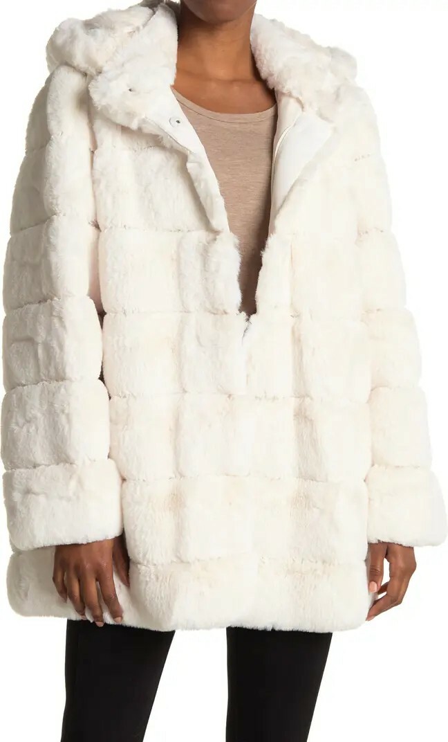NEW BCBGMAXAZRIA Grooved Faux Fur Hooded Coat White Size XL