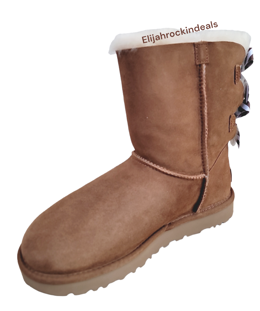 Pre-owned Ugg Womens  Bailey Bow Ii Chestnut Stripes Short Boots Size 7, 8, 9
