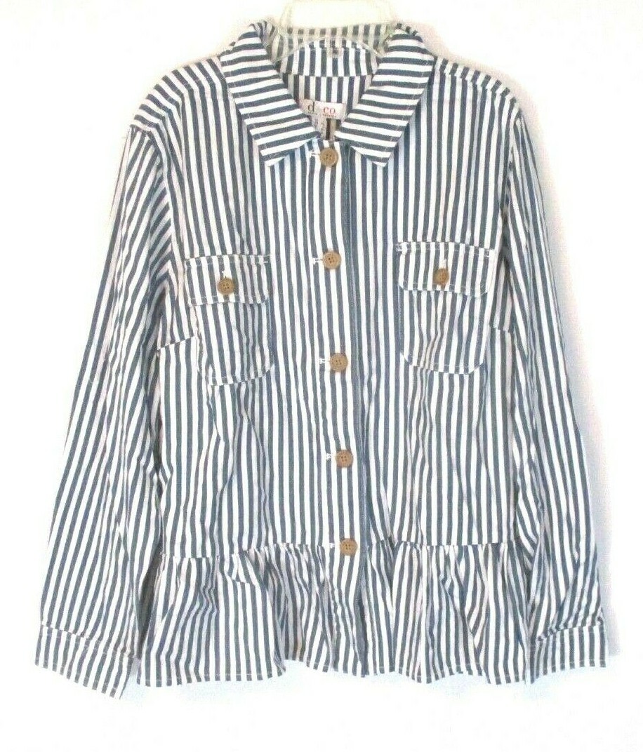 New Denim & Co. Striped Peplum Jacket Blue Large Button
