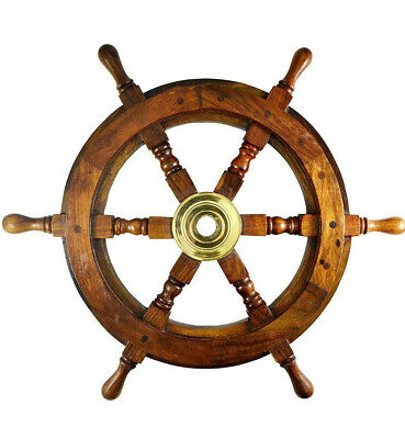 Teak Ship's Steering Wheel 15" Solid Brass Hub Nautical Pirate Wall Decor New