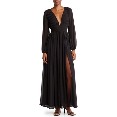 Love By Design Iris Black Plunge Neck Long Sleeve Maxi Dress Size Large NWT