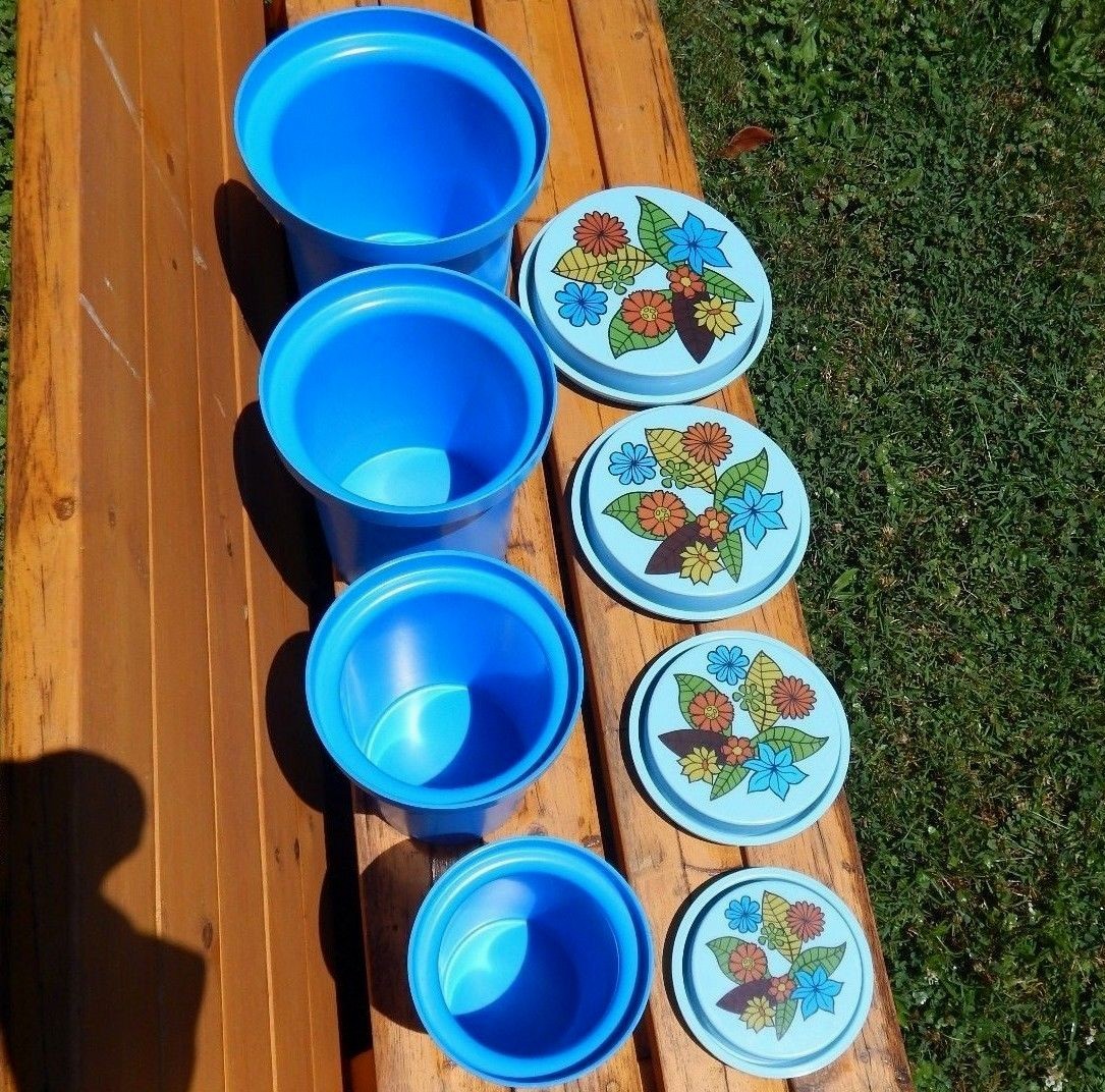 Vintage Blue Retro Floral Rubbermaid Hard Plastic Nesting Canisters Flower Lids