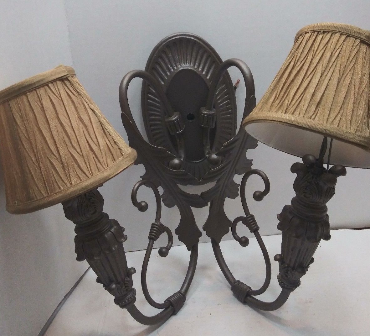 Pair of painted vine and leaf light hard wire wall sconces with clip on shaed