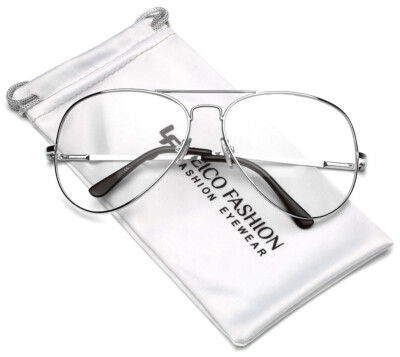 Non Prescription Oversized Retro Metal Pilot Clear Lens Men Women Face Glasses