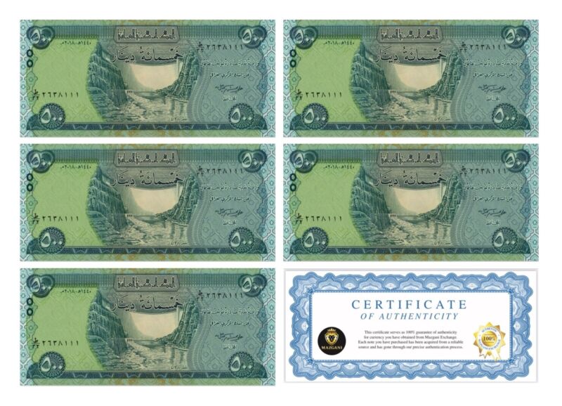Iraq 2500 Dinar Banknotes Unc (5 X 500 Iqd) New W/ Certificate Of Authenticity