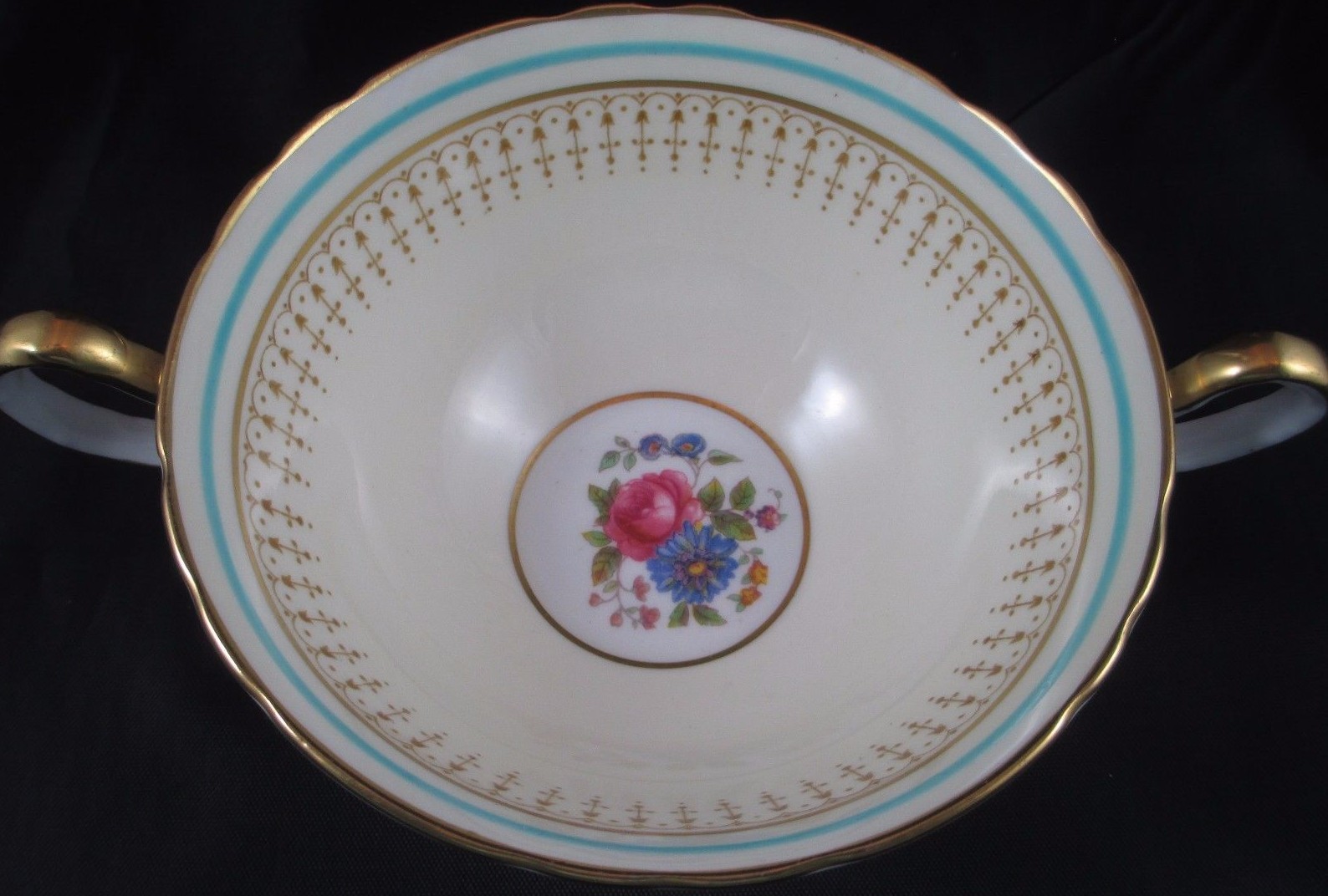 Vintage AYNSLEY Cream Soup and Saucer Teal Aqua Band Floral Center 7429 EUC