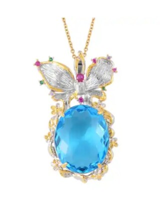 Simulated Swiss Blue Topaz, Simulated Multi Color Diamond Pendant Necklace 20in