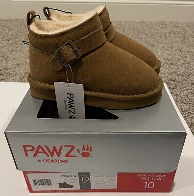 Bearpaw Pawz Suede Ankle Boot w Wool Lining, Hickory Brown, Toddler Girl 10 NEW