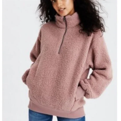 AMERICAN EAGLE Fuzzy Sherpa Quarter 1 4 Zip Sweatshirt Rose Pink