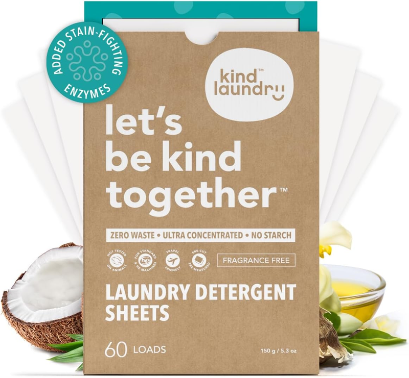 Detergent Sheets - 60 Loads Fragrance Free, EWG Verified, No Residue after Wash,