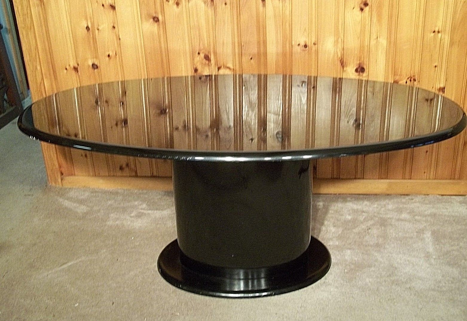 MID CENTURY MODERN BLACK LACQUER LARGE OVAL TOP PEDESTAL BASE DINING TABLE