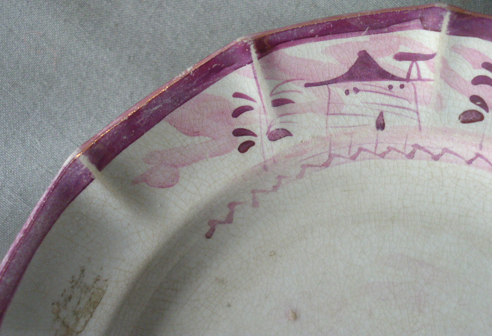 Antique 19th c Staffordshire Pearlware Pink Luster Plate Lustre rare 14-sided