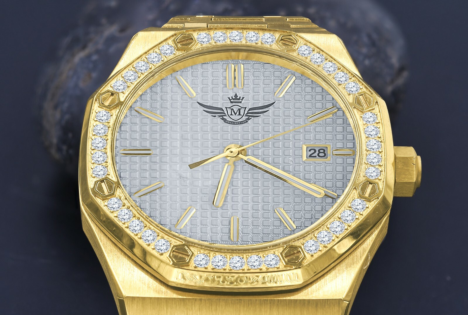 Pre-owned Bling Master Men's Full Steel Mop Dial 2 Tone Gold Finish W/date Simulated Diamond 42mm Watch