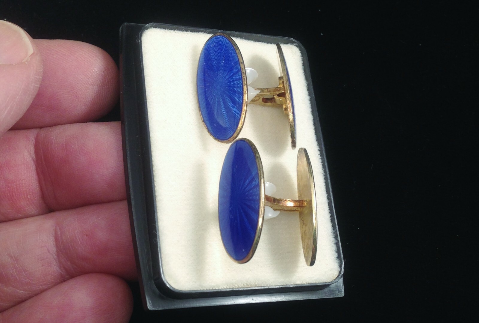 David J Andersen 1960s Cobalt Blue Guilloche Enamel Cufflinks New; Original Case
