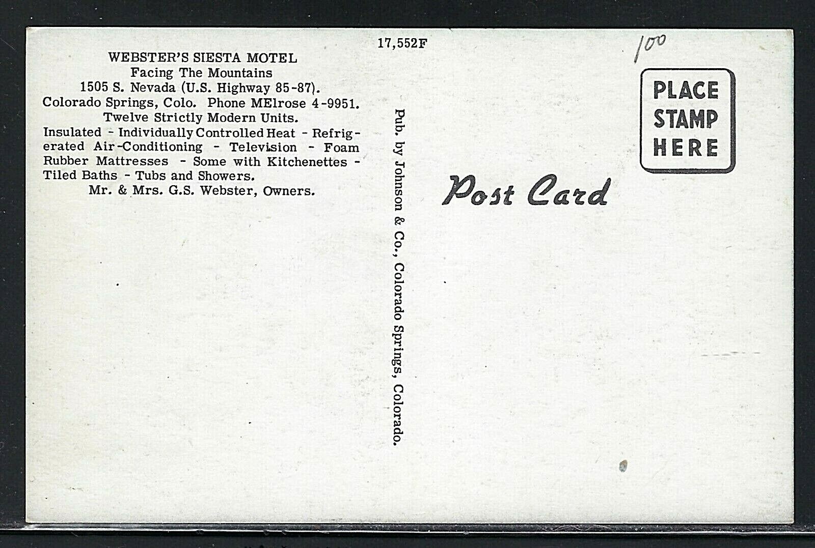 NMSTAMPSNSTUFF: WEBSTER'S SIESTA MOTEL - COLORADO SPRINGS CO - UNPOSTED